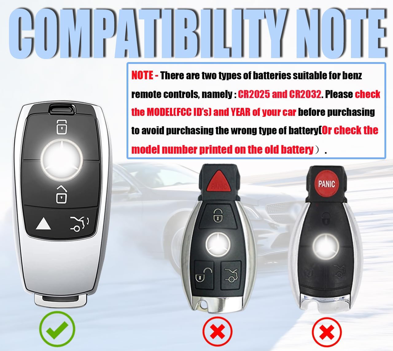 (2 Pack) CR2032 Remote Key Fob Battery Compatible with Mercedes-Benz (2017-2022) A B C E S G Class GLA GLB GLE GLS CLA CLS EQC AMG(FCC IYZ-MS1 IFETEL: RLVMAMS15-1041 IC: 2701A-MS1)