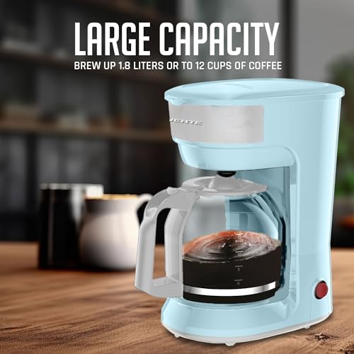 OVENTE 12-Cup Drip Coffee Maker with Borosilicate Glass Carafe, One-Touch Operation Machine, Anti-Drip System, Reusable Filter and Clear View Water Level Gauge, Ideal for Home or Office, Black CM412B