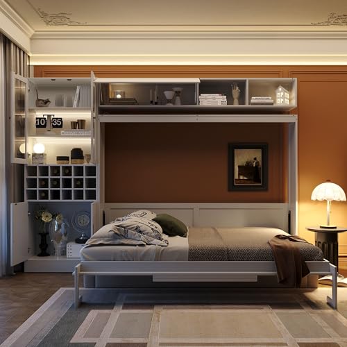 P PURLOVE Queen Murphy Bed with Sofa and Shelves, Wooden Wall Bed with USB and Light, No Box Spring Needed (White)