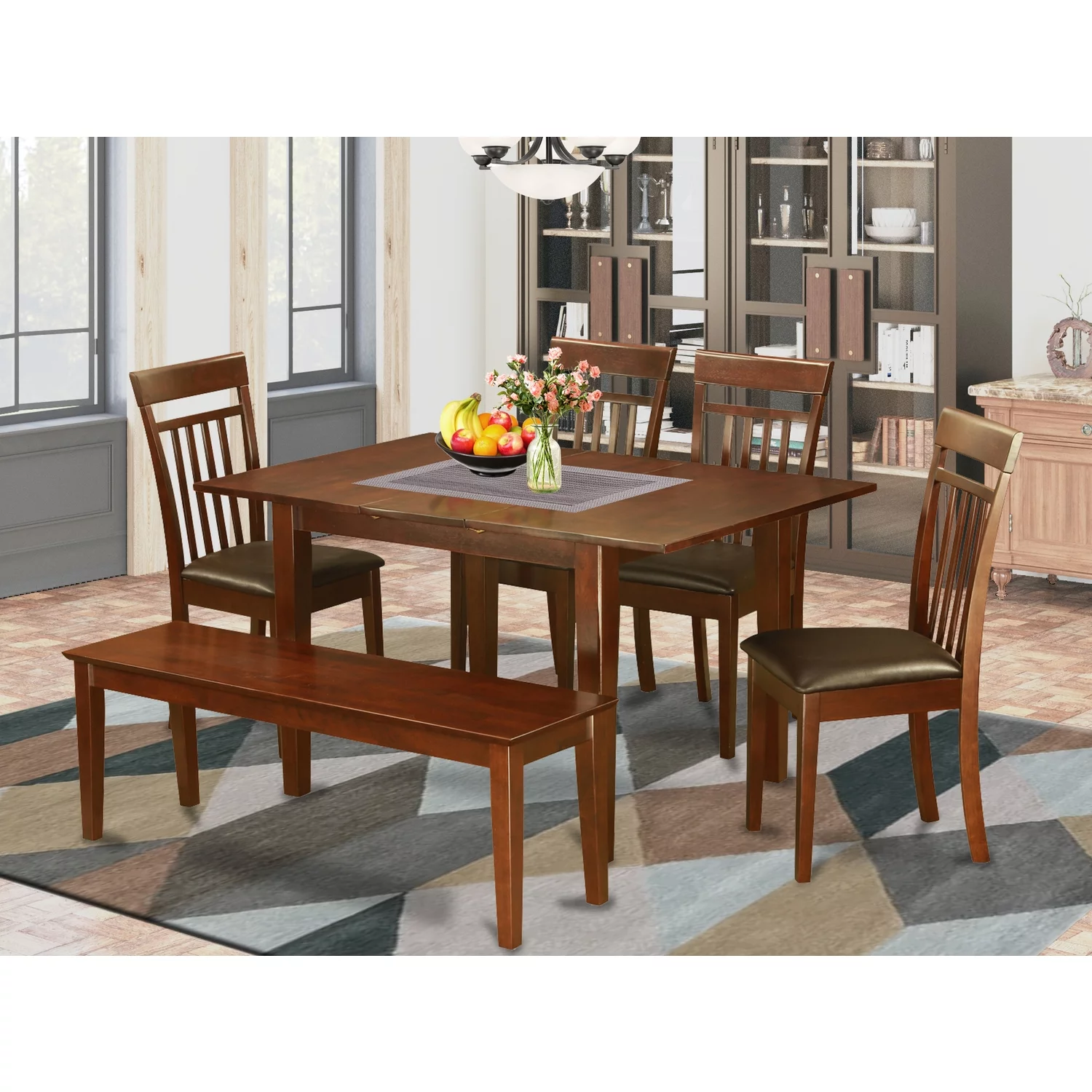 East west furniture 5 Pc dinette set for small spaces - dinette Table with 4 Dining Chairs-Finish:Mahogany,Number of Items:6,Shape:Rectangular,Style:Leather Seat
