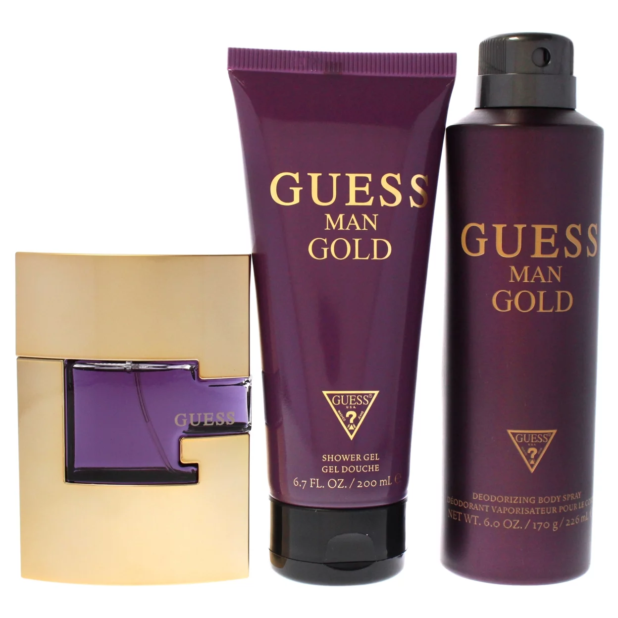 Guess Gold by Guess for Men - 3 Pc Gift Set 2.5oz EDT Spray 6.0oz Deodorizing Body Spray 6.7oz Shower Gel