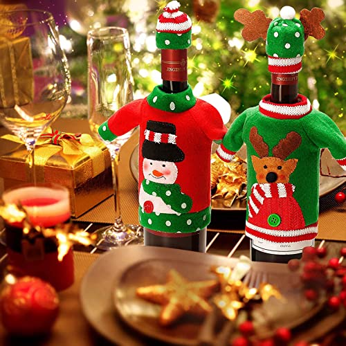 Boao 6 Sets Christmas Wine Bottle Cover and Hats Decoration Handmade Ugly Sweater Knit Wine Bottle Dress Santa Reindeer Snowman for Christmas Holiday Party Decorations