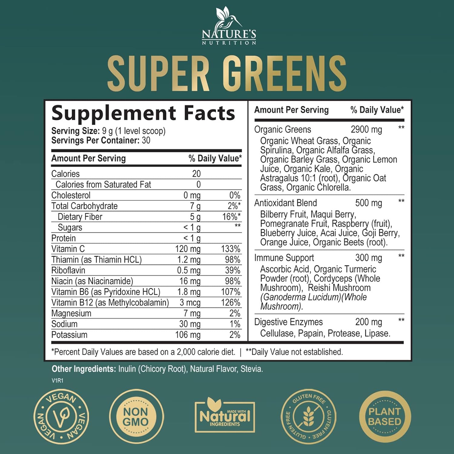 Super Greens Powder Smoothie Mix - Green Whole Food Blend Supports Energy & Gut Health with Spirulina, Chlorella, Mushrooms, Vegetables, Digestive Enzymes & Probiotics - Vegan Superfood - 30 Servings