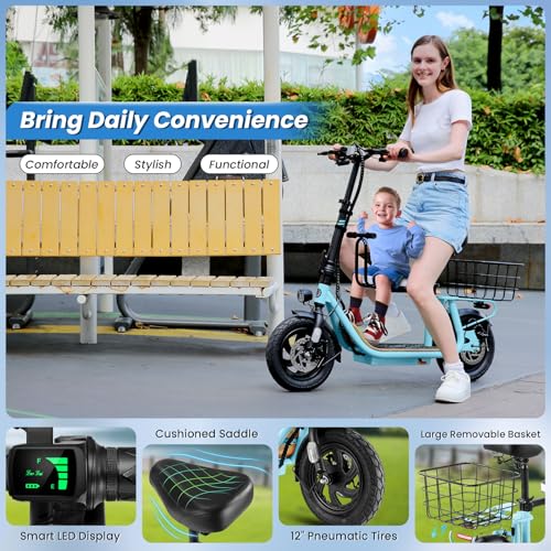 Caroma Peak 500W/800W/1200W Electric Scooter with Seat, 30 Miles Max Range Electric Scooter Adults&Teens, 48V Large Battery, 20MPH Top Speed Foldable Ebike, Adjustable E-Bike with Basket&Kid Seat