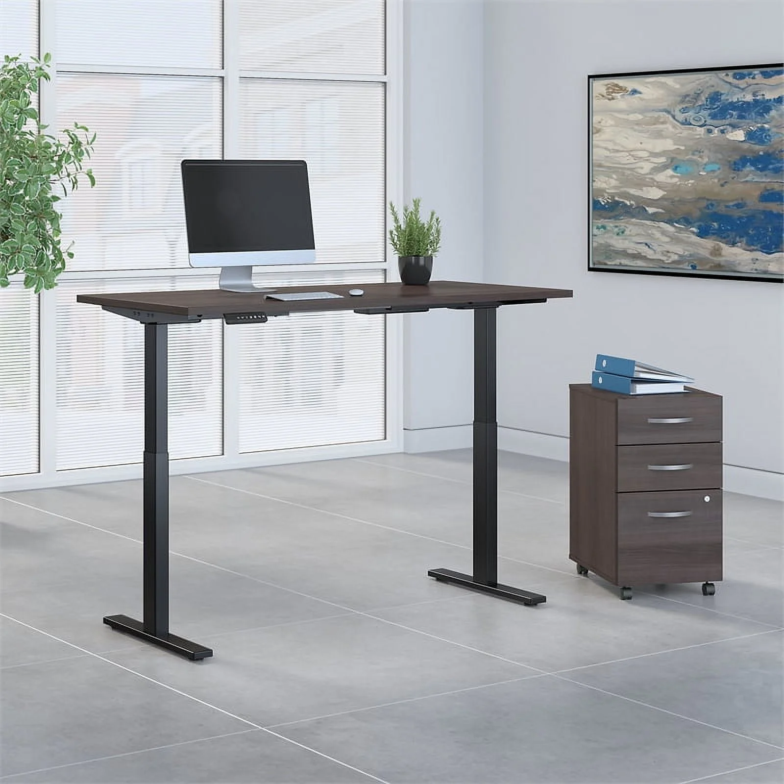 Scranton & Co Furniture 60W x 30D Height Adjustable Desk with Storage in Gray