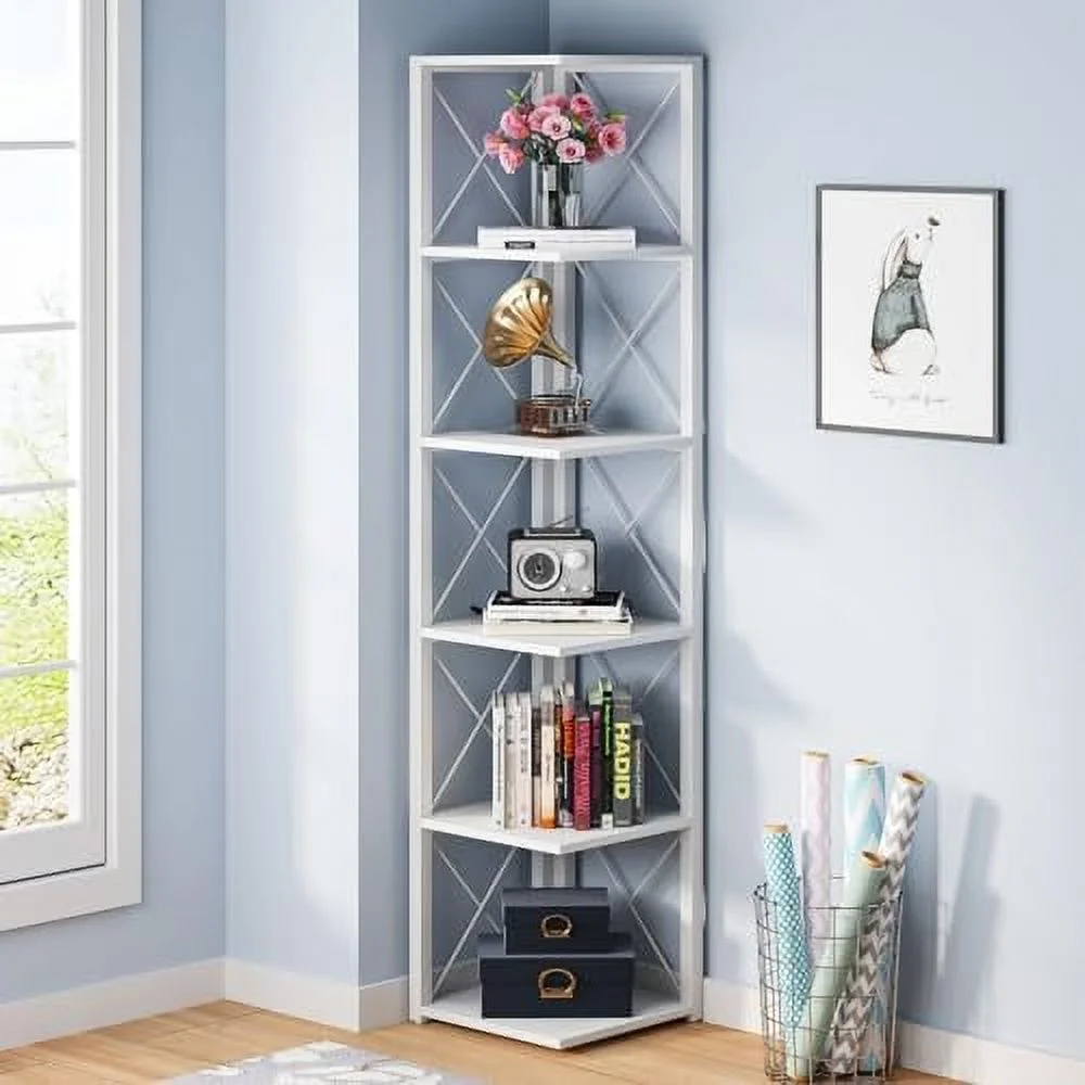 HJZUINIUNIU 6-Tier Corner   70.8 Inch Tall White Corner Bookshelf  Etagere Bookcase for Living Room  Corner Display Rack Plant  for Home Kitchen Small Space (White)