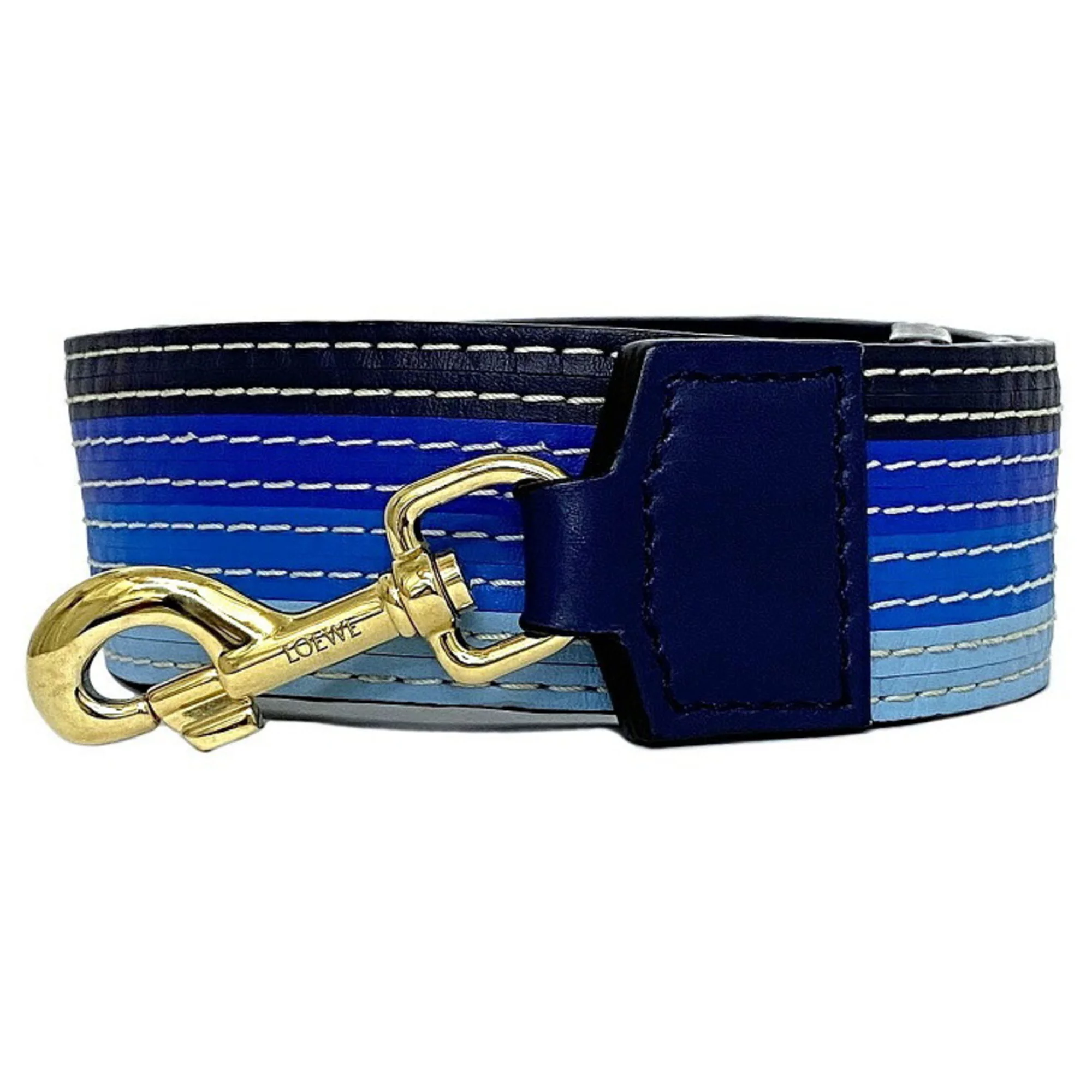 Pre-Owned Loewe Shoulder Strap Blue Navy Gold Leather LOEWE Light Stripe Women's Stitching Accessories Accent (Good)