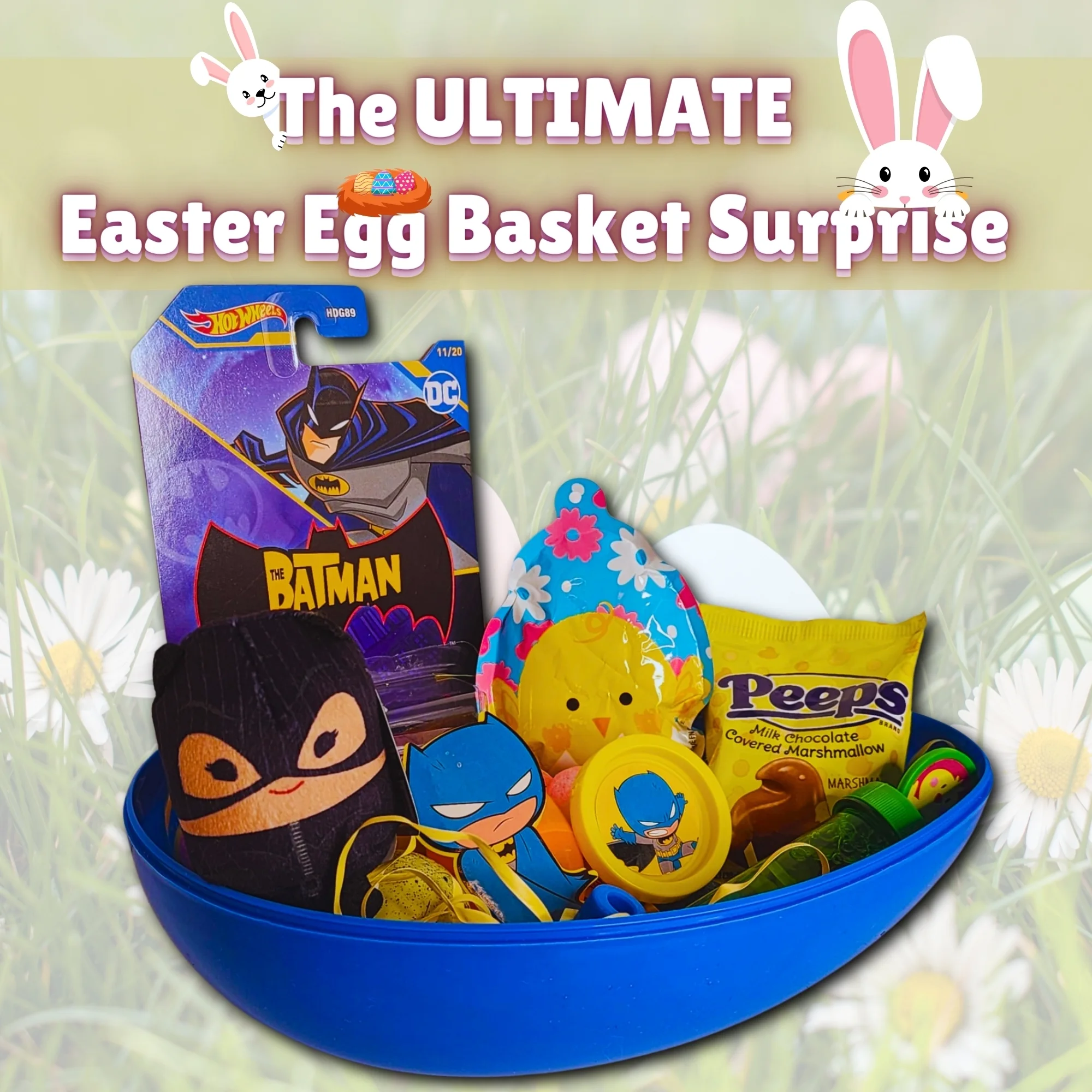 Happy Easter Basket Pre-Filled Surprise Jumbo Egg w/ Batgirl Plush Toy Bat Mobile Car Kids Girls Balloon Eggs Peeps Candies & Reusable Plastic Egg-Shaped Container Spring Party Favors (Contents Vary)