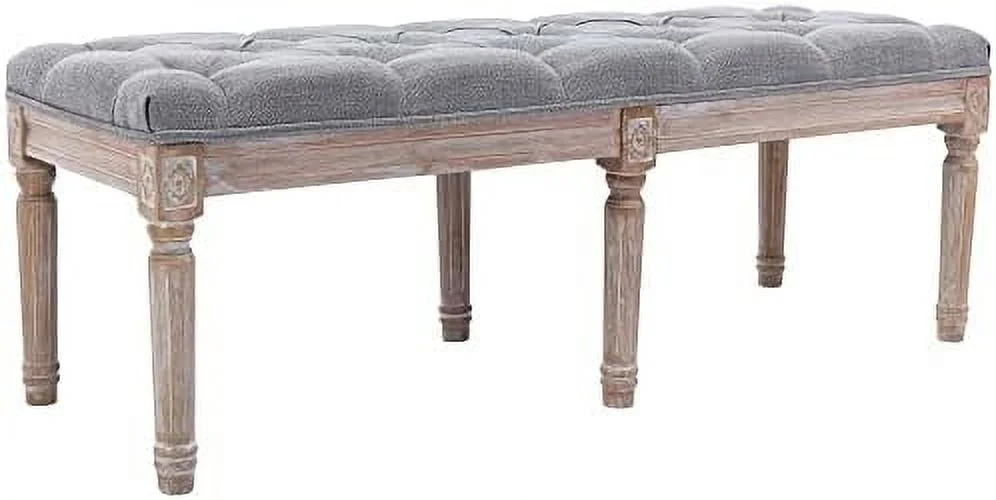 Fabric Entryway Bench with Button Tufted Seat and Rustic Wood Legs  Vintage Bedroom Bench End of Bed  Padded Extra Seating Bench for Living Room Office Studio Hallway  Grey