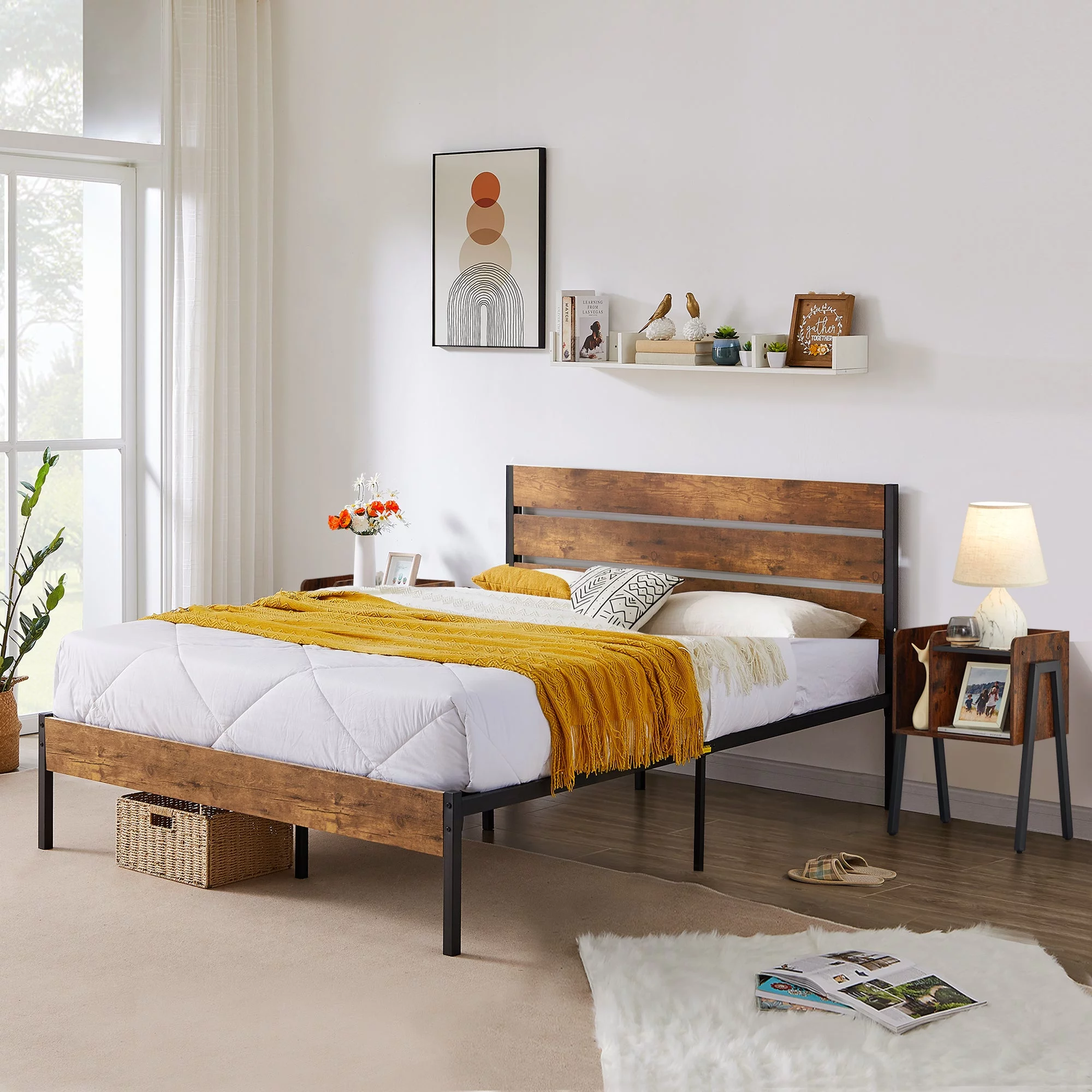 VECELO 3-Piece Bedroom Set with 2 Nightstands, Full Size Metal Bed Frame with Wooden Headboard, Brown