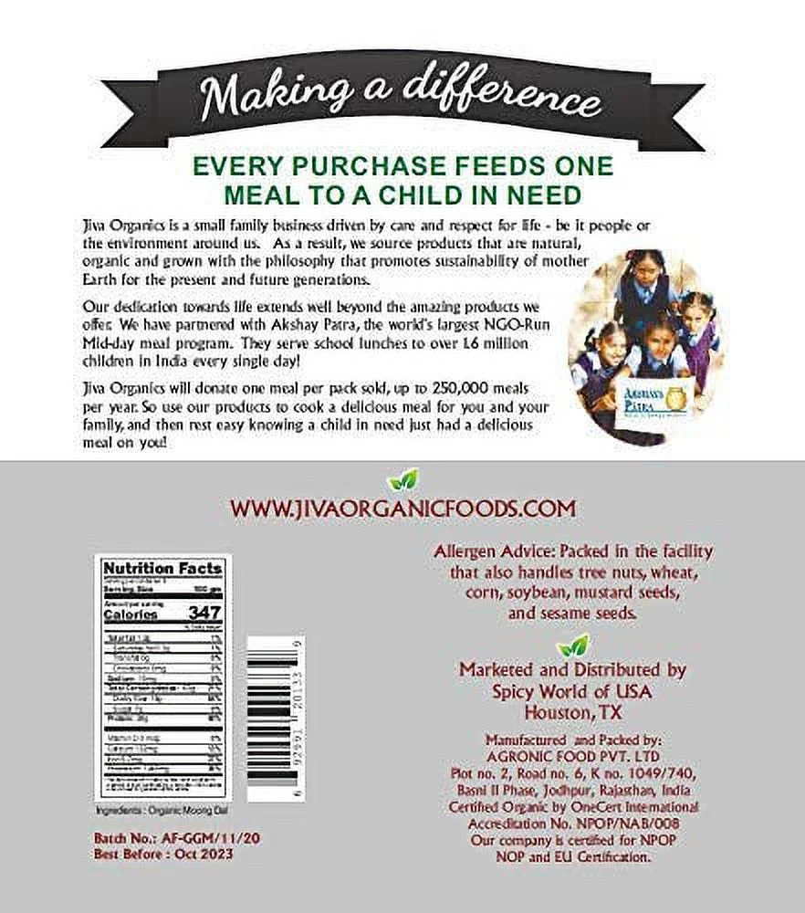 Jiva USDA Organic Moong Dal Yellow - 4 Pound (Split Mung Beans Washed)