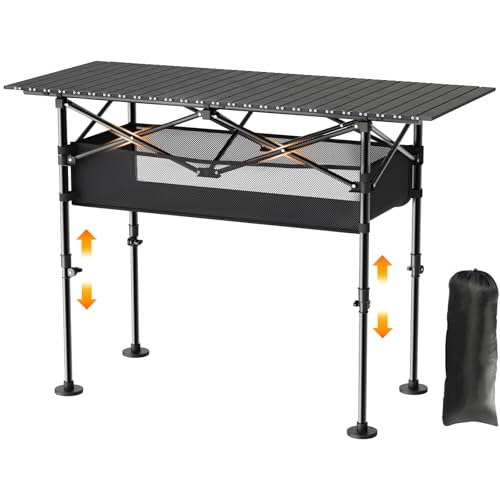 Height Adjustable Camping Table, Outdoor Folding Camping Table with Mesh Storage/Carrying Bag, Portable Aluminum Roll-up Table for Camping, Party, Backyard, BBQ