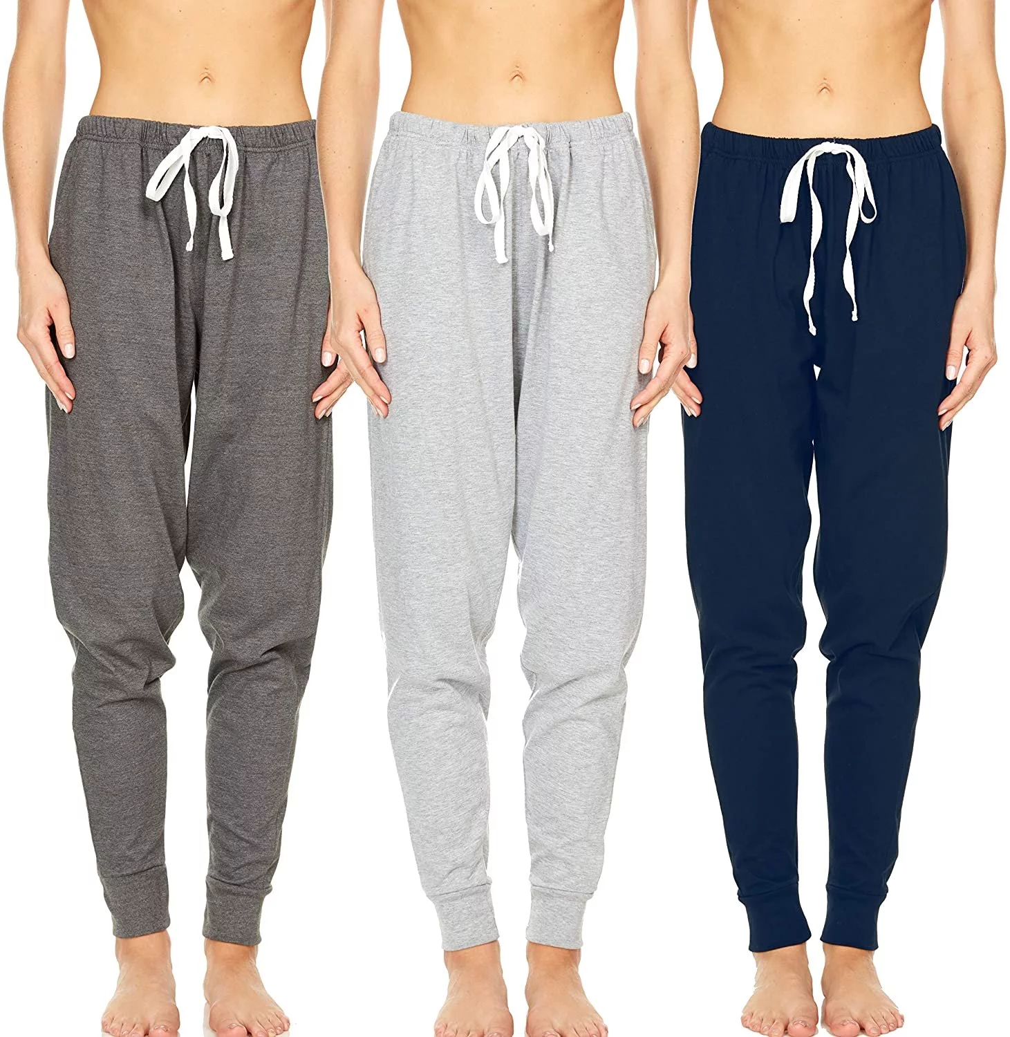 Essential Elements 3 Pack: Women's 100% Cotton Jersey Lightweight Lounge Casual Sleep Pajama Jogger Pants Small, Set E