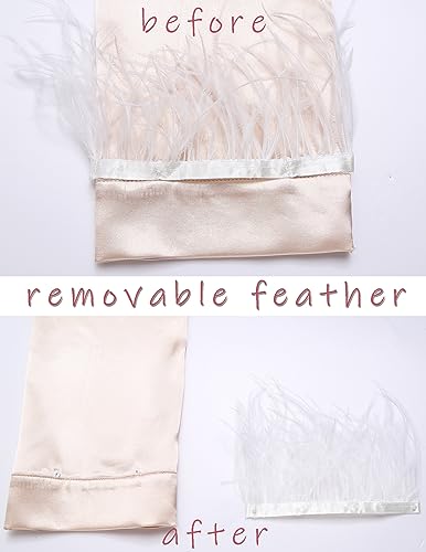 Ekouaer Women's Bridal Feather Trim Silk Satin Pajama Set Long Sleeve Lounge Sets Sleepwear (Removable Feather)