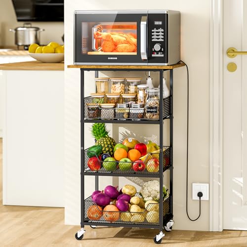 Kitchen Microwave Cart with Fruit Baskets, 4 Tier Microwave Table Stand with Storage, Kitchen Storge Shelf on Wheels Small Rolling Cart Organizer Rack for Pantry, Living Room, Bathroom