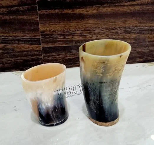 Viking Drinking Ox Horn Mug for Hot & Cold Drinks with Shot Glass/Food Grade Medieval Style Man's Beer & Mead Cup Handmade Gift Rustic Vintage Home Decor Gifts