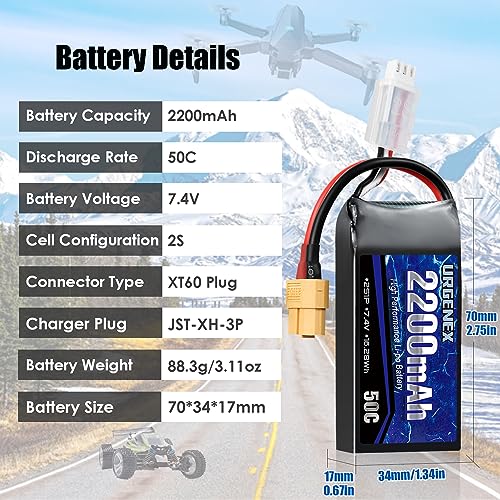 URGENEX 2S Lipo Battery 2200mAh 7.4V RC Battery with XT60 Plug 50C(Burst 80C) High Discharge Rate with Charger Fit for RC Car Truggy Airplane FPV Drone UAV Quadcopter Helicopter Racing Model