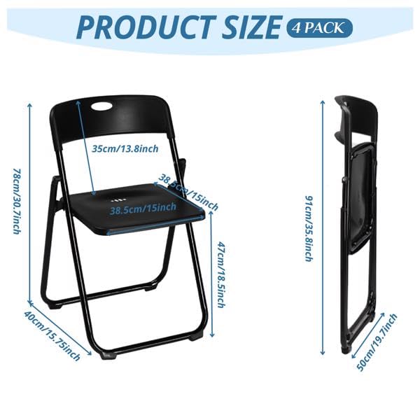 Folding Chair, Indoor Outdoor Plastic Commercial Stackable Foldable Guest Chairs for Events Office Wedding Party Picnic Kitchen Dining, 280lb Capacity (Black, 4 Pack)