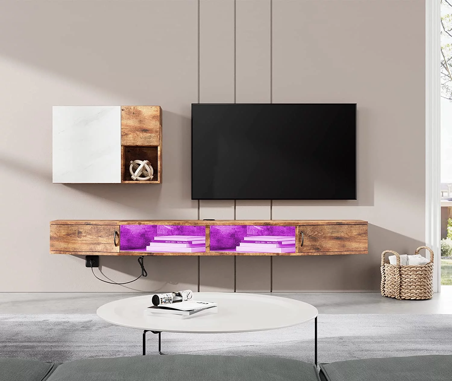 Floating TV Stand Wall Mounted Shelf with 16 LED Lights, Wood Media Console Entertainment Center Under TV, Cabinet Hutch Desk Storage for Living Room,Rustic Brown