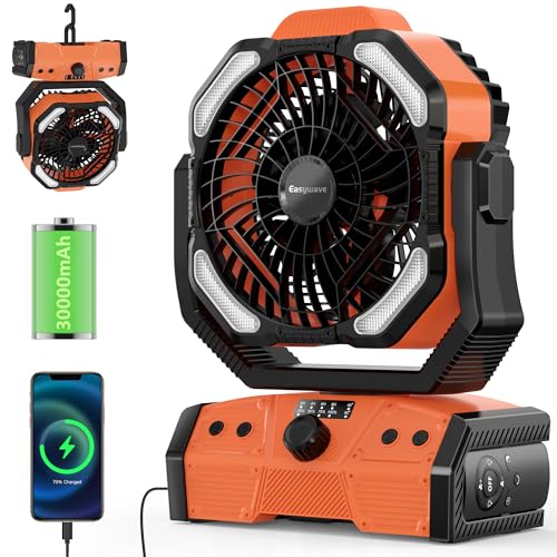 Easywave Camping Fan with LED Lantern: 30000mAh Rechargeable Battery Powered Outdoor Tent, Oscillating Fan with 360° Hanging Hook, Personal USB Desk Fan for Camping, Power Outage, Hurricane, Jobsite