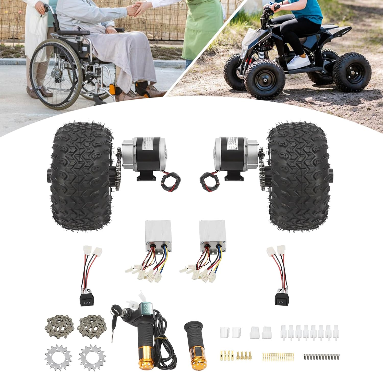 Motor Drive Air Wheel Conversion Kit Dual 350W 36V Brush Gear Motors, Double 10in Wheel Set for Electrical Beach Bike, Wheel Kit with Digital Display Throttle for Electric Cart Bike