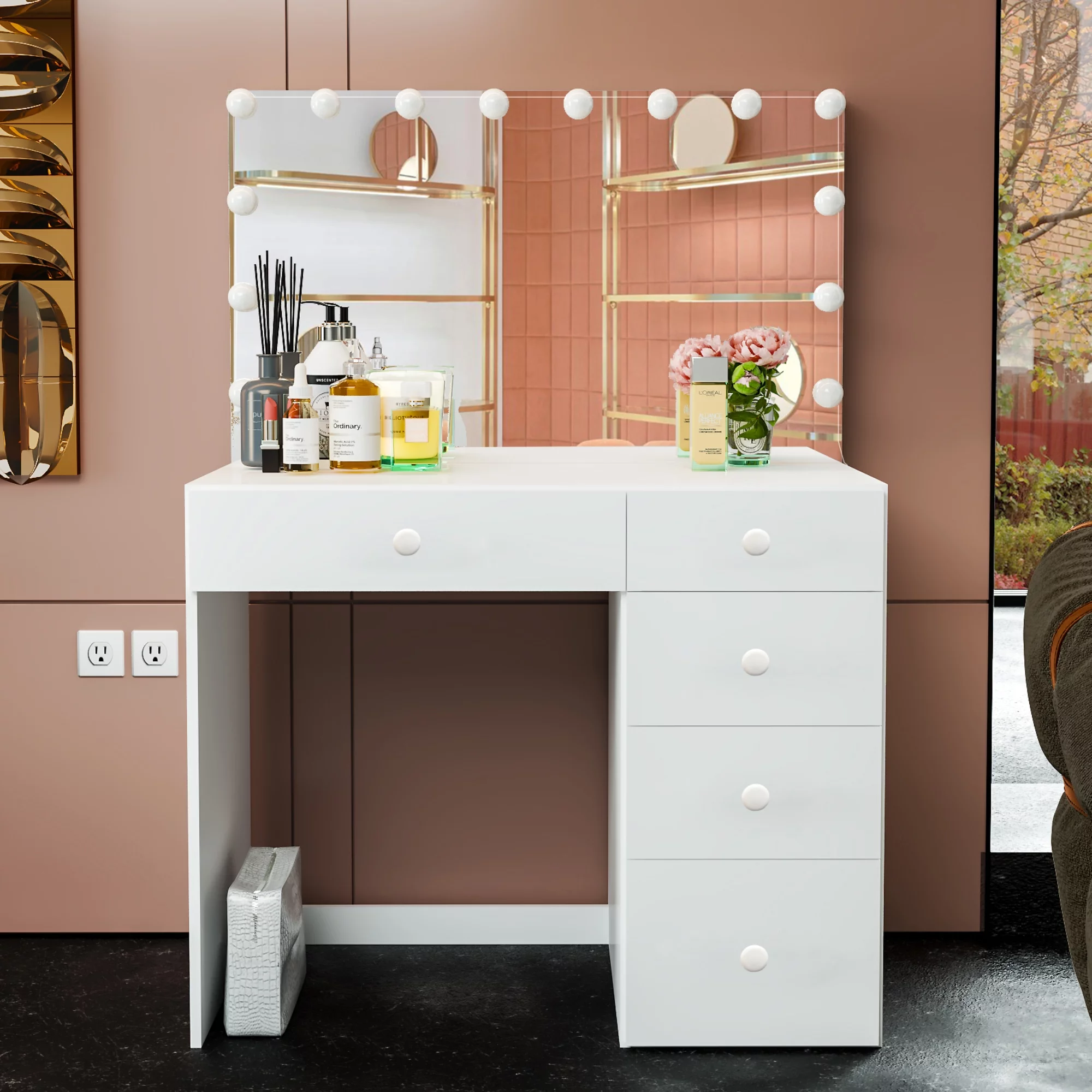 Boahaus Saranya Modern Vanity Desk with Light Bulbs, 5 Drawers, White