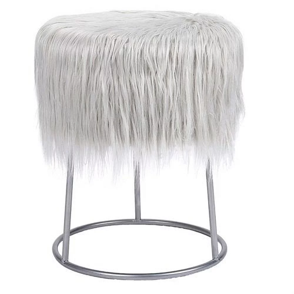 BirdRock Home Round Grey Faux Fur Foot Stool Storage Ottoman with Silver Legs - Vanity Chair - Soft Compact Padded Seat - Bedroom and Kids Room Chair - Metal - Fluffy Makeup Seat