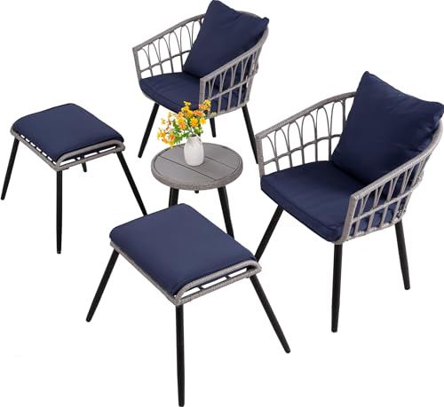 3 Piece Outdoor Patio Bistro Set, Wicker Table and Chairs Set of 2, All-Weather Rattan Balcony Furniture Set for Patio Front Porch Apartment, Natural/Beige