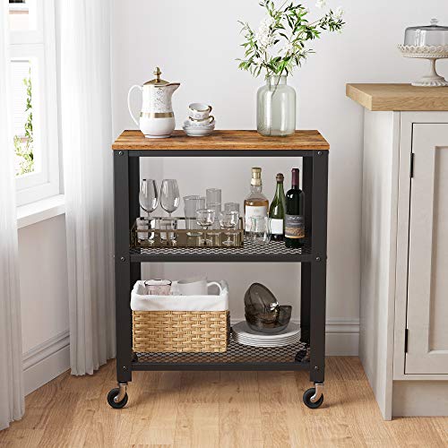 VASAGLE Kitchen Shelf on Wheels, Serving Cart with 3 Shelves, Kitchen Cart, Microwave Shelf, for Mini Oven, Toaster, with 6 Hooks, Industrial Style, Rustic Brown and Black UKKS60XV1