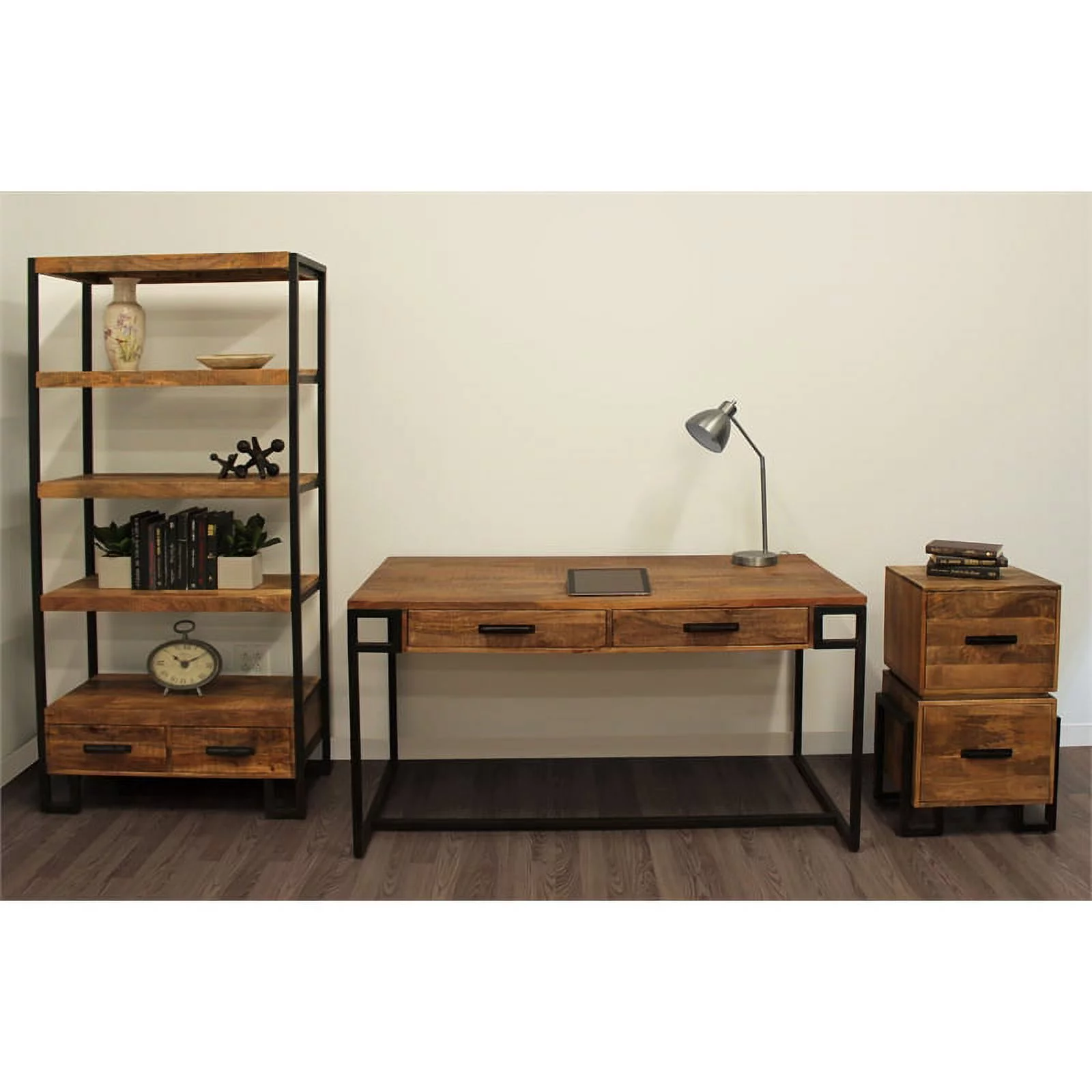 Anaheim Katy 2-Drawer Solid Wood Writing Desk in Brown with Iron Legs