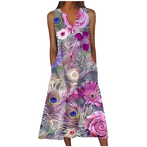 Sundresses for Women 2024 Vintage Ethnic Floral Boho Summer Maxi Dress with Pockets Buttons V Neck Tank Beach Dress