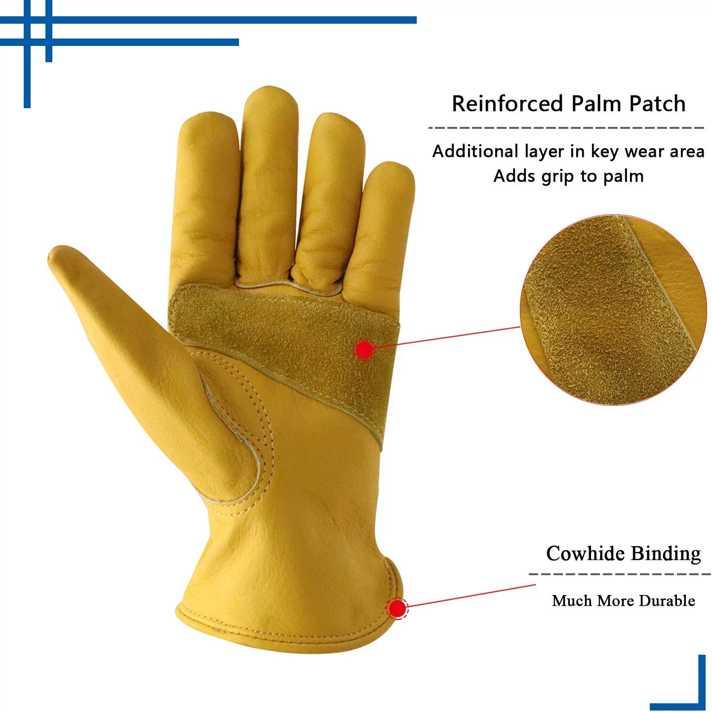 HANDLANDY 2 Pairs Cowhide Leather Work Gloves for Men Women,Adjustable Wrist, Puncture and Cut Resistant, Rigger Glove for Driver, Yardwork, Gardening (Small, Yellow)