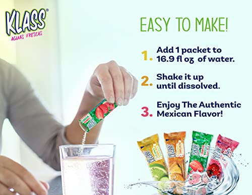 Klass Aguas Frescas Variety Pack, 1 box of Cucumber Limeade, 1 box Strawberry Watermelon, 1 box Hibiscus Berries, 1 box Pineapple Tangerine (40 Total On the Go Packets)