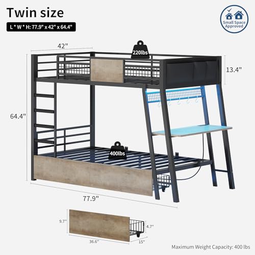 Bunk Bed with Desk, Twin Over Twin Metal Bunk Beds with Power Outlets, RGB LED Lights, 2 Larger Storage Drawers, Bed with Safety Guardrail & Ladders, No Box Spring Needed (Greige)