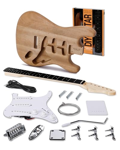 Fesley DIY LP Style Electric Guitar with Mahogany Wood Body/Neck, 6 String, Techwood Fretboard, H-H Pickups, Flamed Maple Veneer Top, Build Your Own Guitar Kit - Natural