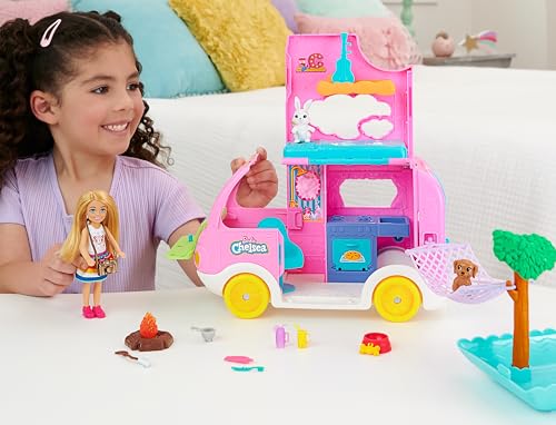 Barbie Camper, Chelsea 2-in-1 Playset with Small Doll, 2 Pets & 15 Accessories, Vehicle Transforms into Camp Site (Amazon Exclusive)