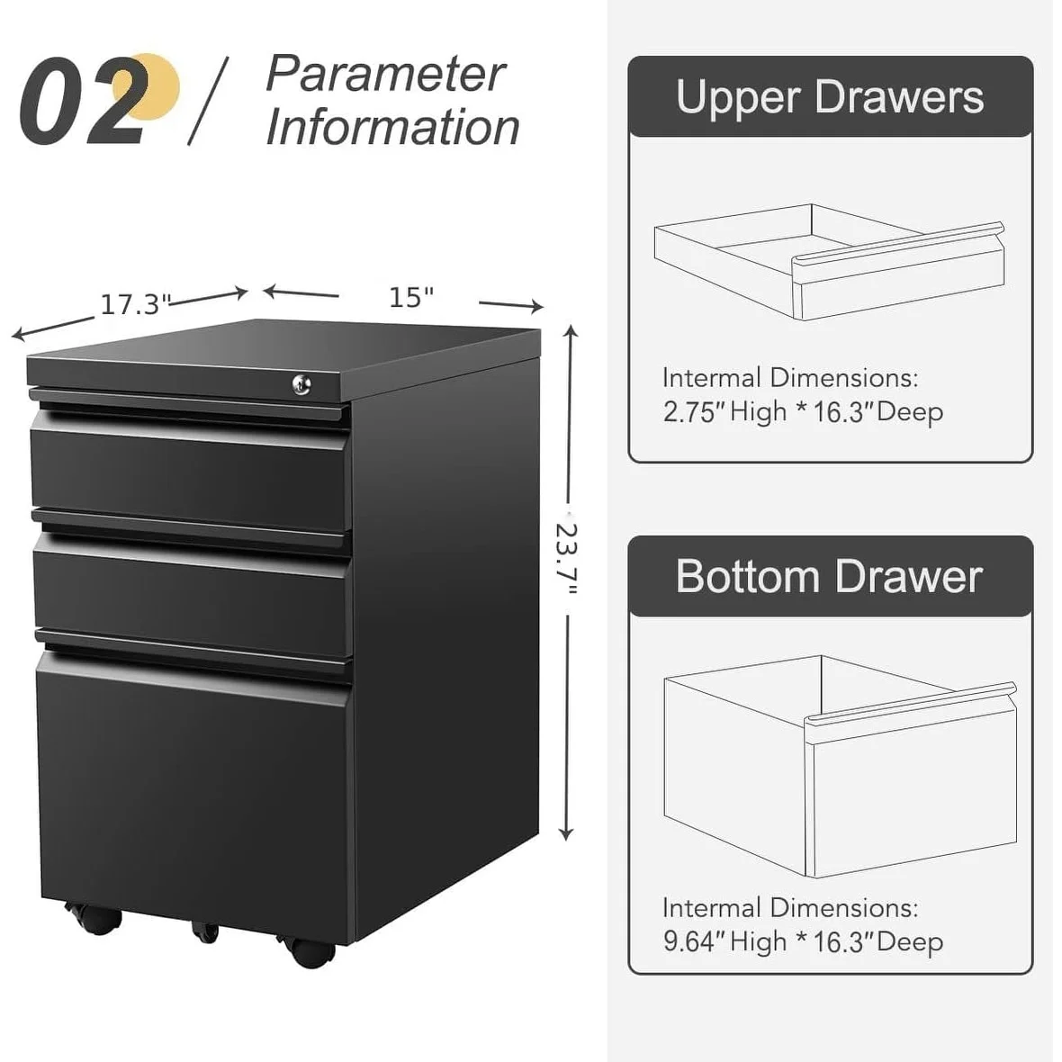 3 Drawer Metal File Cabinet with Lock Black-Mobile