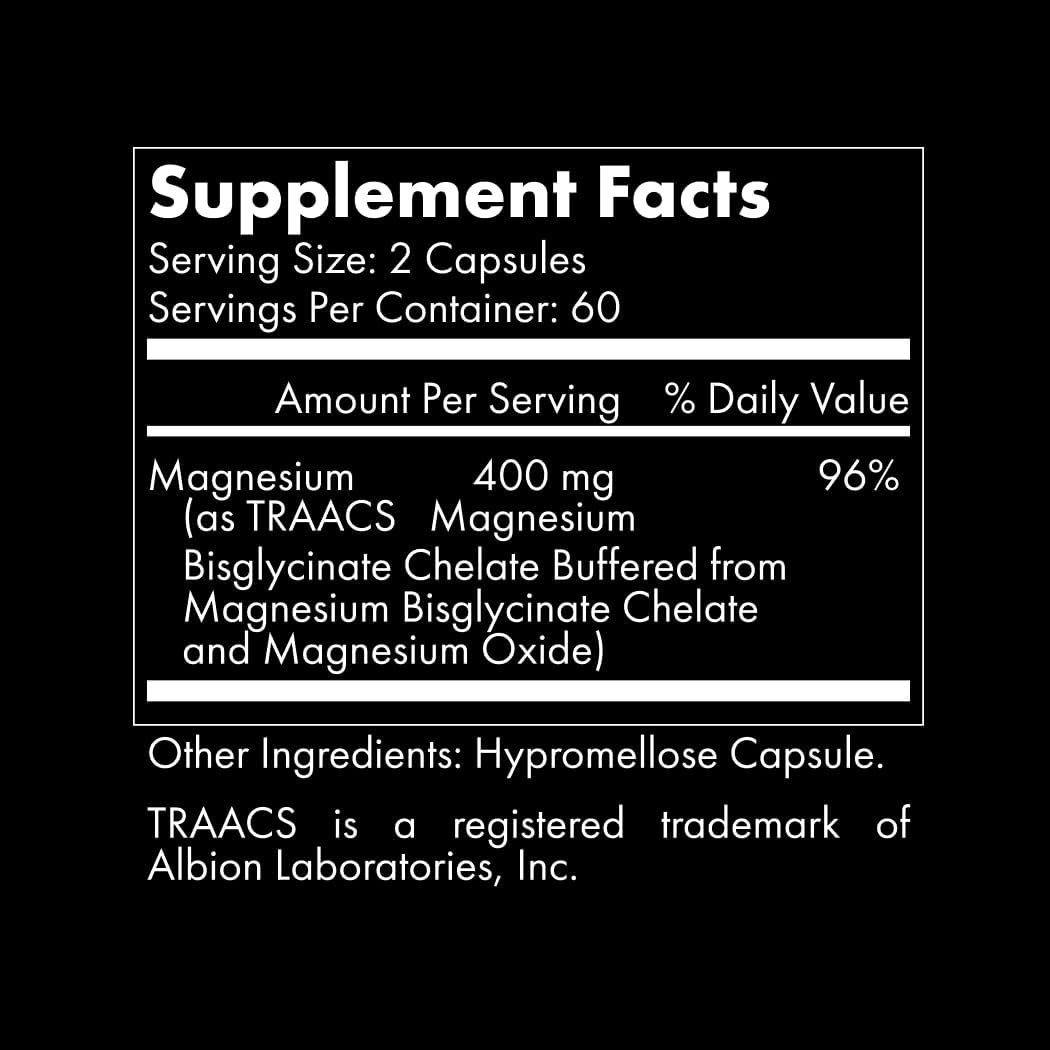 Clean Magnesium Glycinate - 400mg TRAACS® Chelated Magnesium Glycinate for Sleep, Heart, Muscle, and Stress Support | 120 Capsules - 60 Servings | Vegan, Vegetarian, Gluten-Free