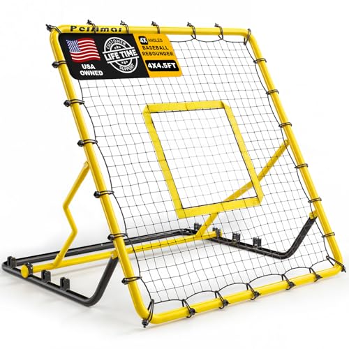 Baseball Rebounder Net,4x4.5FT Multi-Sport Pitch Back Rebounder Steel Frame with 4 Adjustable Angles, 40pcs Bungees Soccer, Volleyball&Lacrosse Trainer for Solo Fielding,Pitching and Reflex Training