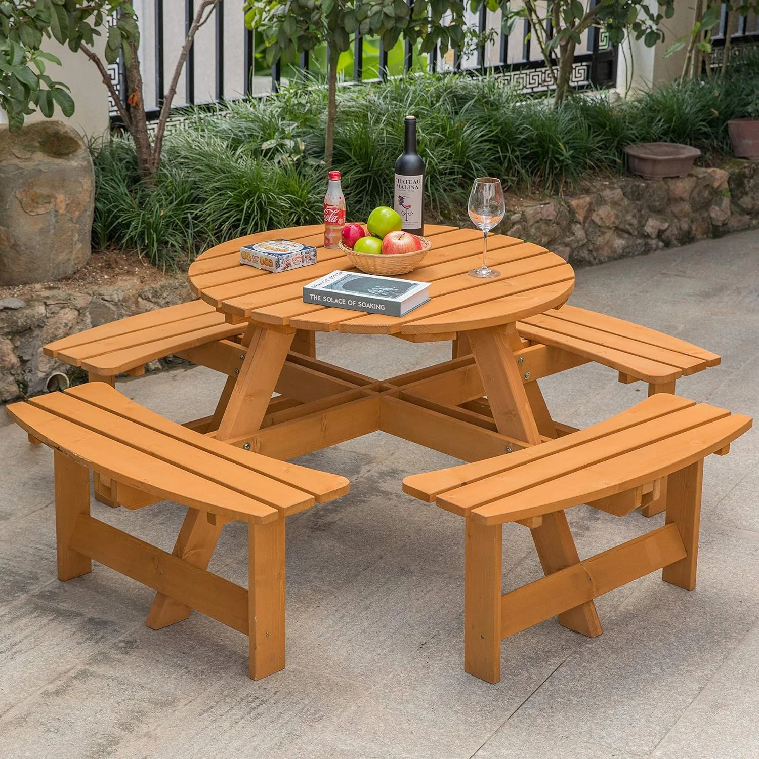 Wooden Outdoor Patio Garden Round Picnic Table With Bench, 8 Person-Stained