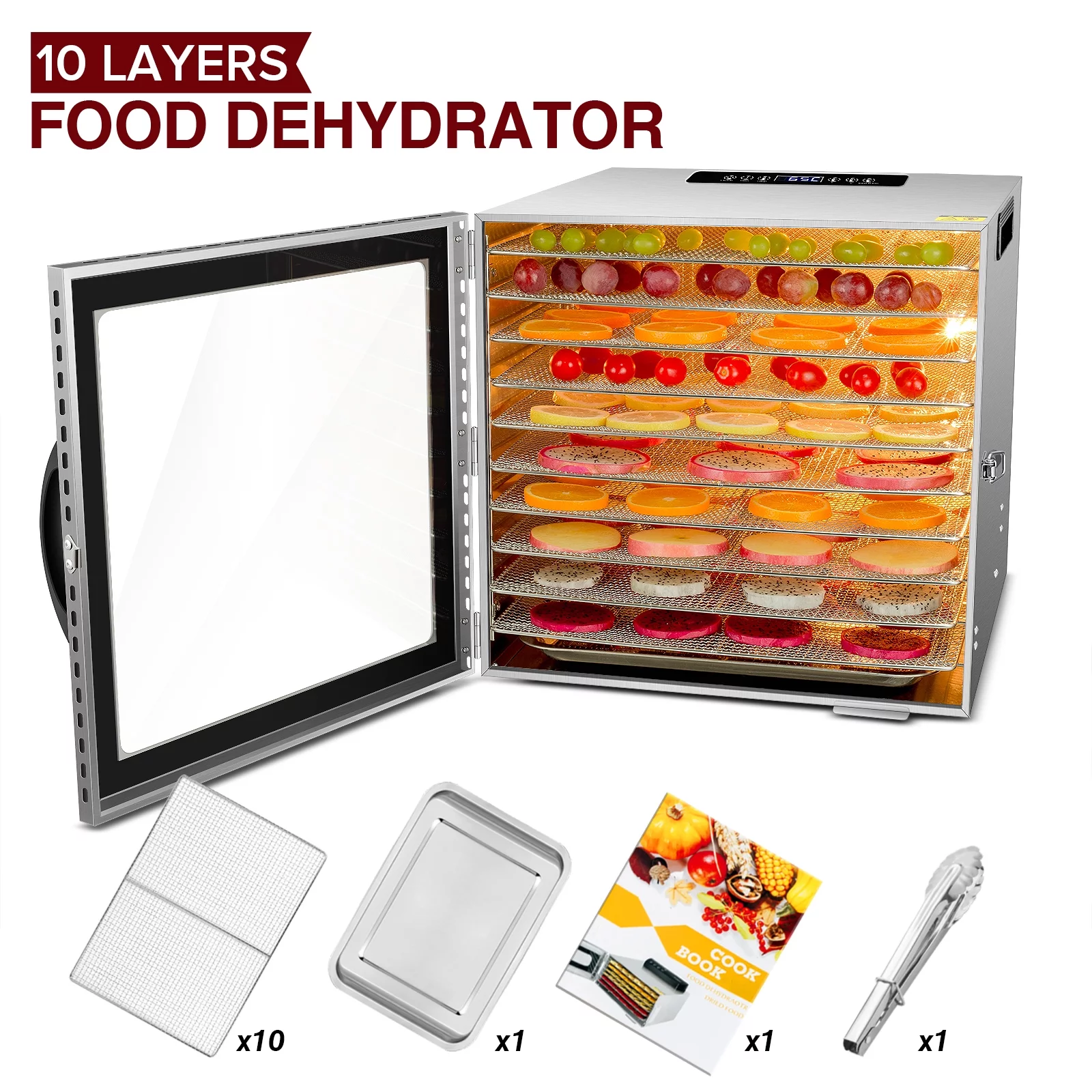 KWASYO Food Dehydrator 10 Tray Stainless Steel 55L Fruit Meat Jerky Dryer