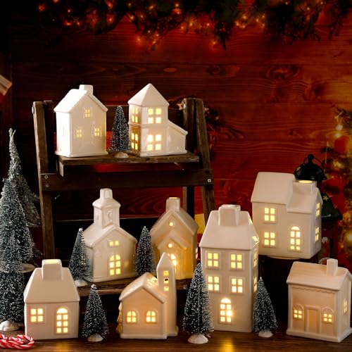 Leitee 22 Pcs Ceramic Christmas Village Set with Light Include 9 Lighted Village Houses 13 Christmas Trees for Xmas Scene Decor Winter Holiday Party Figurine Tabletop Decoration(White Roof)