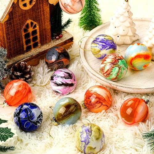 Leinuosen 12 Pcs Marbled Christmas Ball Ornaments 2.5'' Hanging Christmas Baubles Shatterproof Hand-Painted Holiday Decor for Xmas Tree Thanksgiving Party Decoration