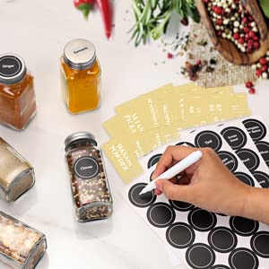 AOZITA 24 Pcs Glass Spice Jars with Labels - 4oz Empty Square Spice Bottles Containers, Condiment Pot - Shaker Lids and Airtight Metal Caps - Silicone Collapsible Funnel Included