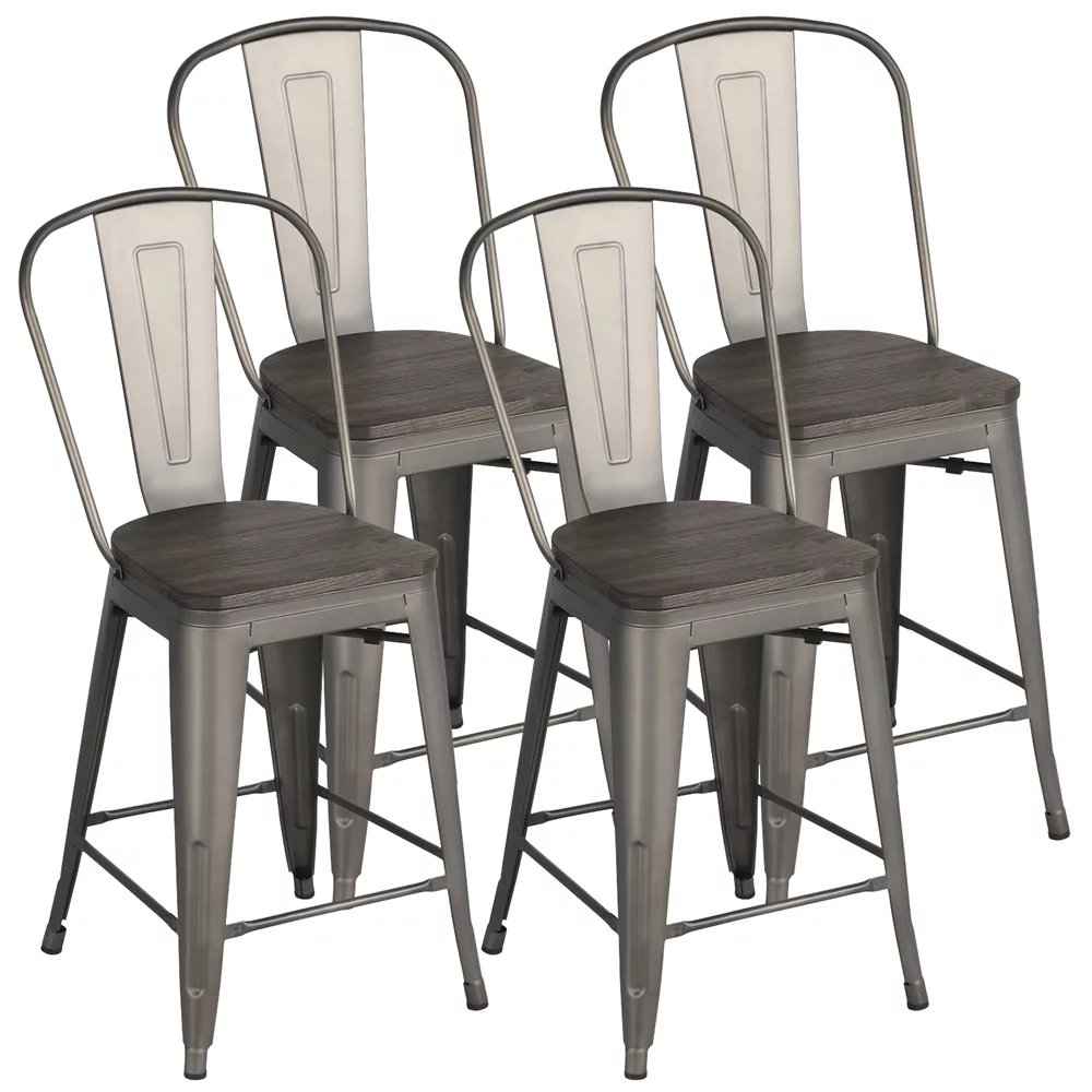 SMILE MART 4pcs Industrial Metal Bar Stool with Solid Wood Seat for Home Restaurants, Metal