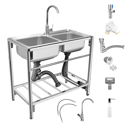Outdoor Utility Sink Stainless Steel Double Bowl Free Standing Commercial Restaurant Kitchen Sink with Hot and Cold Faucet for Laundry,Garage,Cafe Bar 31.5