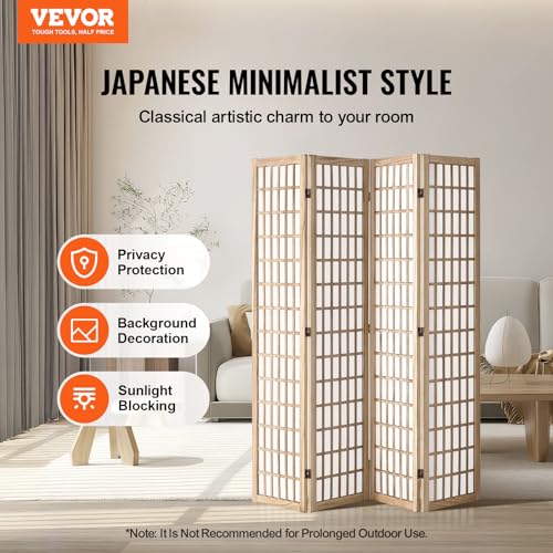 VEVOR Room Divider, 4 Panel Japanese Room Divider, Wood Folding Privacy Screen Indoor, Partition Dividers Portable Decoration Screens, for Room Separation Home Office Restaurant & Bedroom(Black)