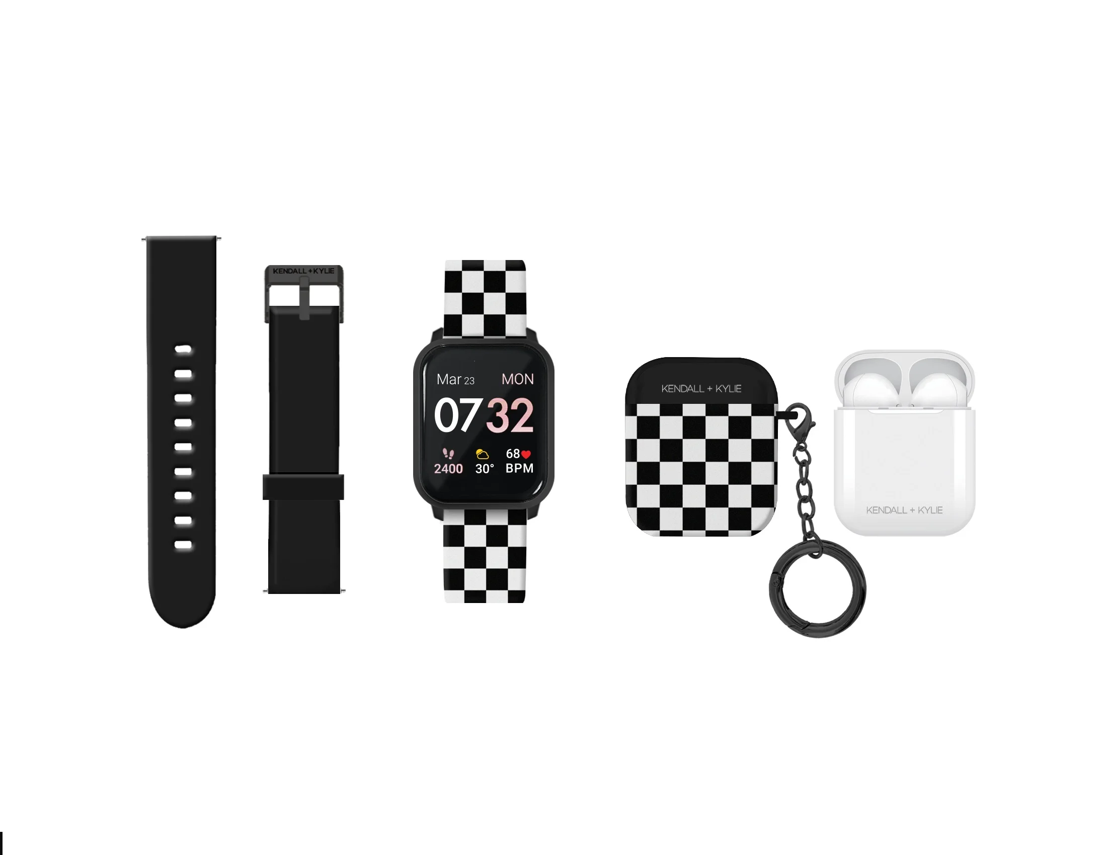 Kendall + Kylie Female Adult Smart Watch w/ Extra Strap & Earbud Set, Checkered Print
