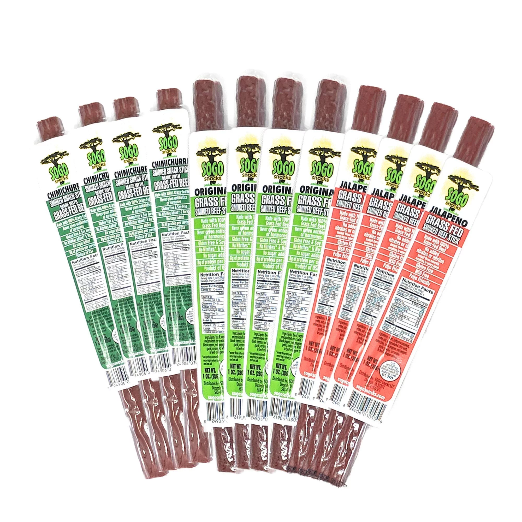 Sogo Snacks No Sugar, 100% Grass-fed, Non-GMO Beef Sticks Variety Pack. Paleo, Whole30 & Keto Friendly. Nitrate, MSG, Gluten, & Soy Free. (4 Original, 4 Chimichurri, 4 Jalapeno, 72-Count, 1-oz)
