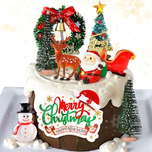 JeVenis 8 Pack Santa Claus Merry Christmas Cake Toppers Snowman Deer Christmas Tree Cake Topper Picks for Merry Theme Holiday Party Decorations (RED2)